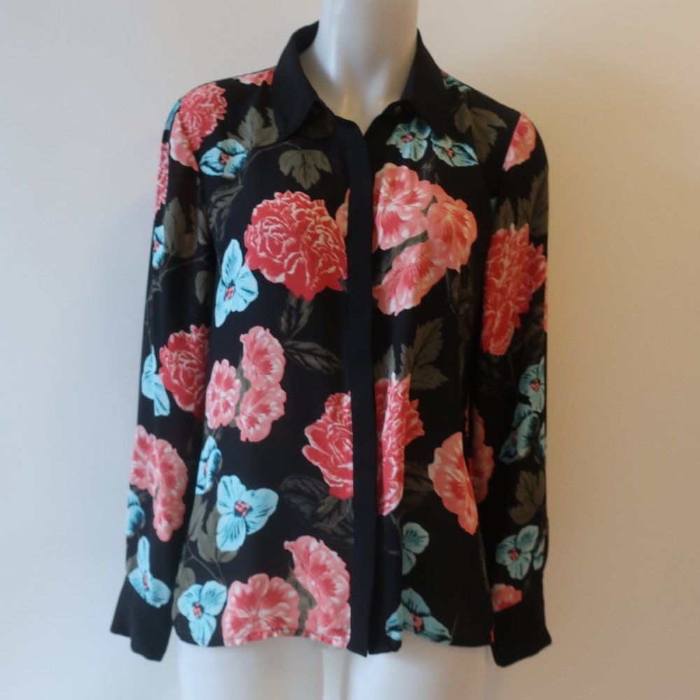 Womens CeCe Black Pink Aqua Floral Button Blouse Top M *